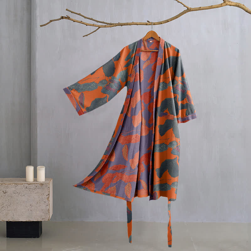 Botanical Leaf Cotton Gauze Kimono Robe - Orange - L - image 6