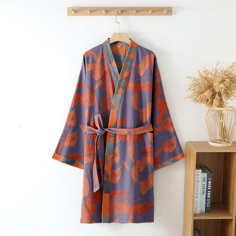 Botanical Leaf Cotton Gauze Kimono Robe - image 3