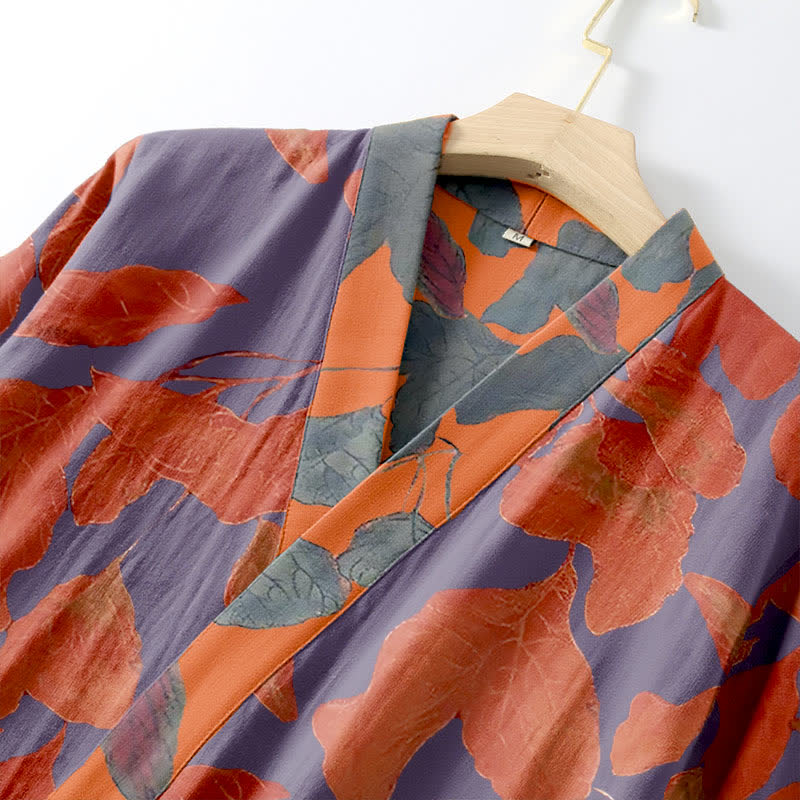 Botanical Leaf Cotton Gauze Kimono Robe - image 4