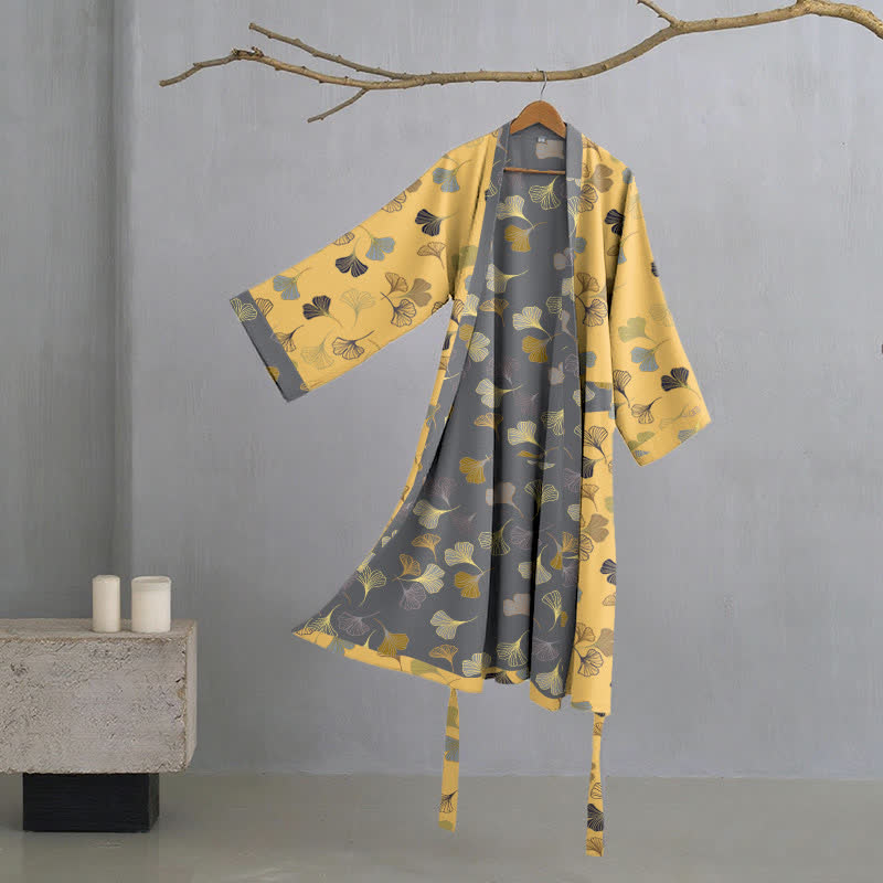 Ginkgo Biloba Cotton Gauze Kimono Robe - Light Yellow - L - image 26