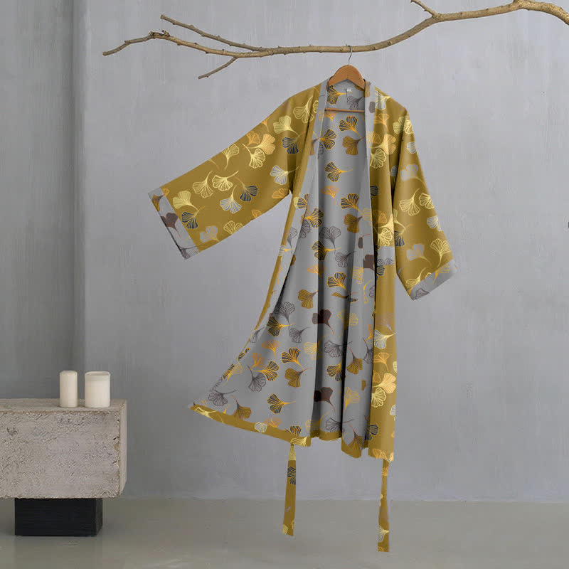 Ginkgo Biloba Cotton Gauze Kimono Robe - Yellow - L - image 32