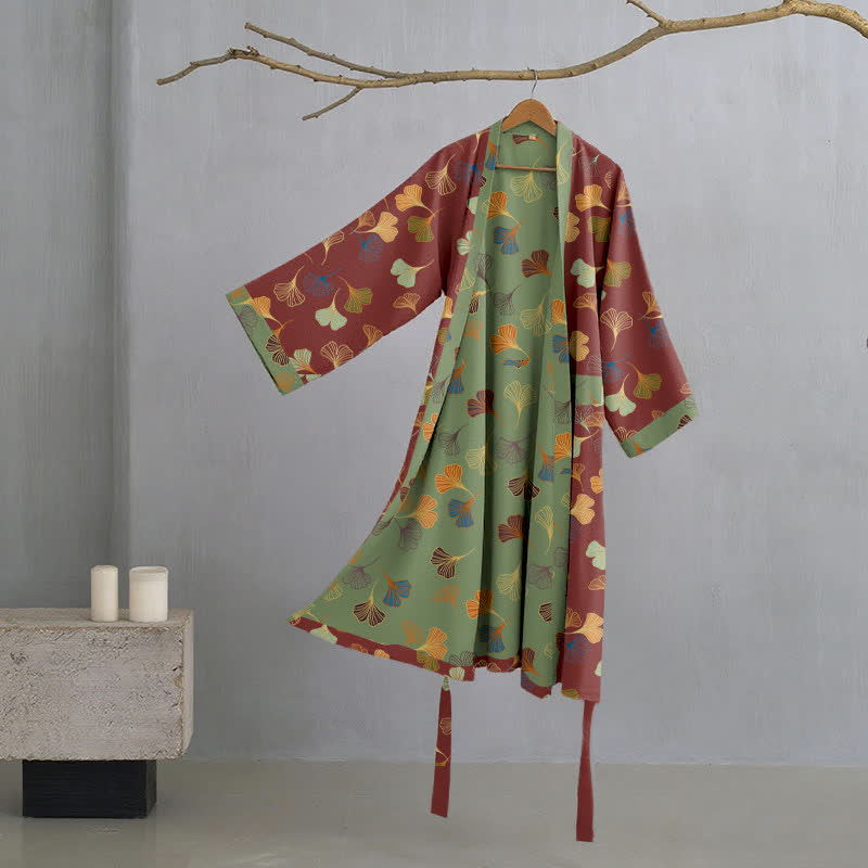 Ginkgo Biloba Cotton Gauze Kimono Robe - Wine - L - image 29