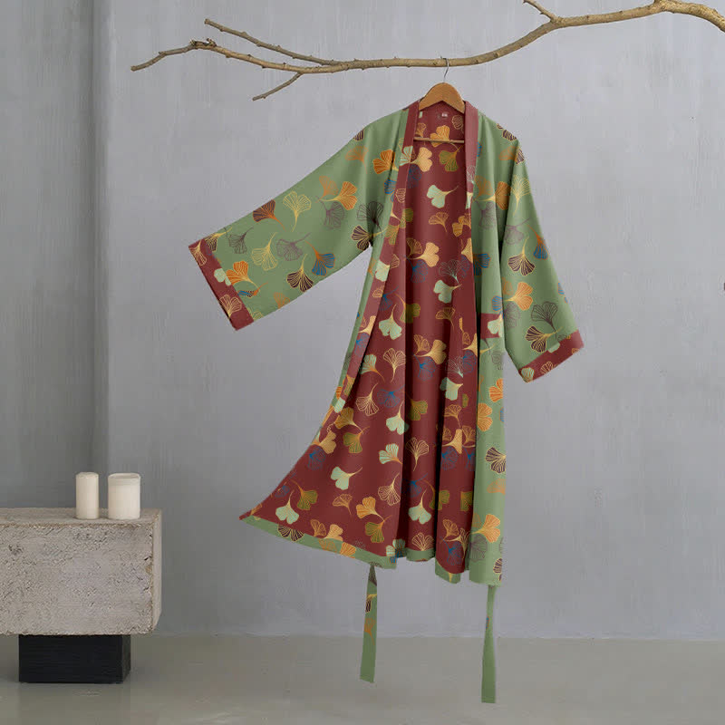 Ginkgo Biloba Cotton Gauze Kimono Robe - Dark Green - L - image 15