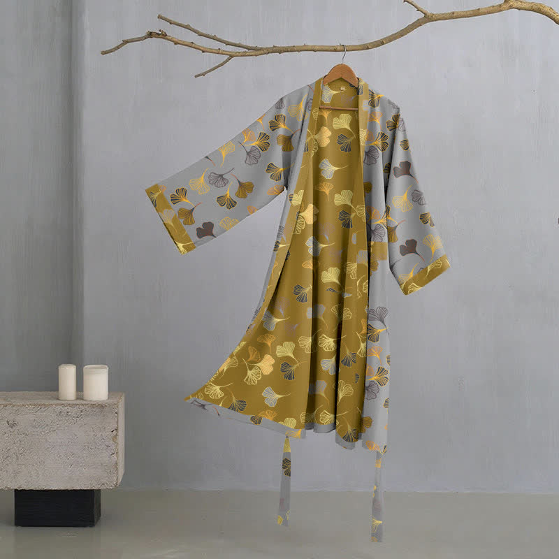 Ginkgo Biloba Cotton Gauze Kimono Robe - Light Grey - L - image 18