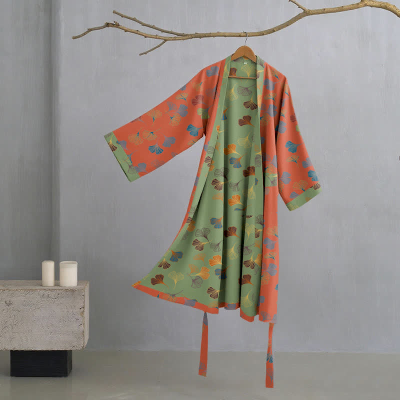 Ginkgo Biloba Cotton Gauze Kimono Robe - Red - L - image 20