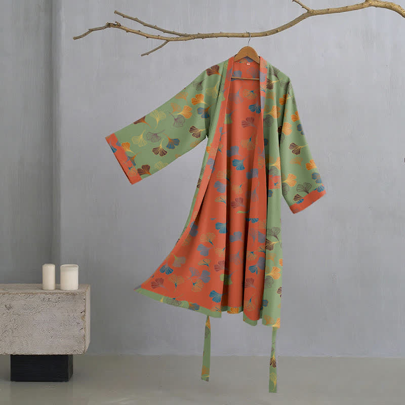 Ginkgo Biloba Cotton Gauze Kimono Robe - Green - L - image 23