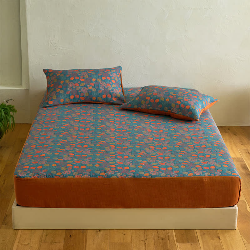 Leaf Print Cotton Gauze Fitted Sheet - Sheet with 2PCS Pillowcases - King - image 1