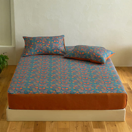 Leaf Print Cotton Gauze  Fitted Sheet - Sheet with 2PCS Pillowcases - King - image 1