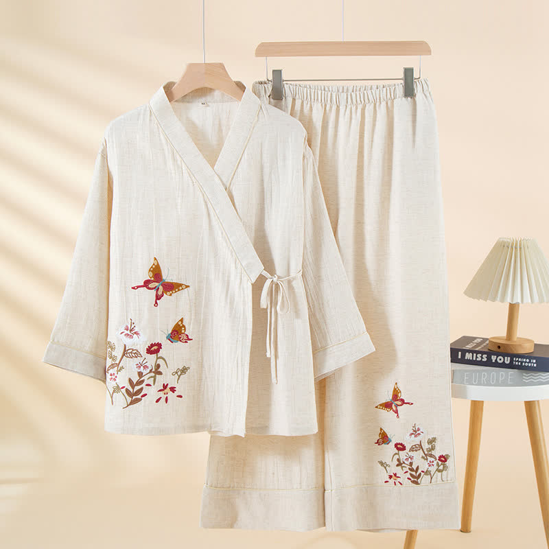 Butterfly Floral Embroidered Kimono Loungewear Set - White - XL - image 4