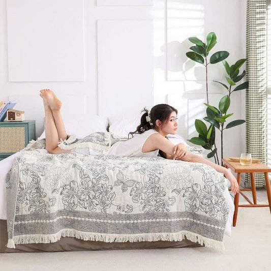 Pastel Floral Cotton Gauze Tassel Quilt - Grey - Queen - image 1