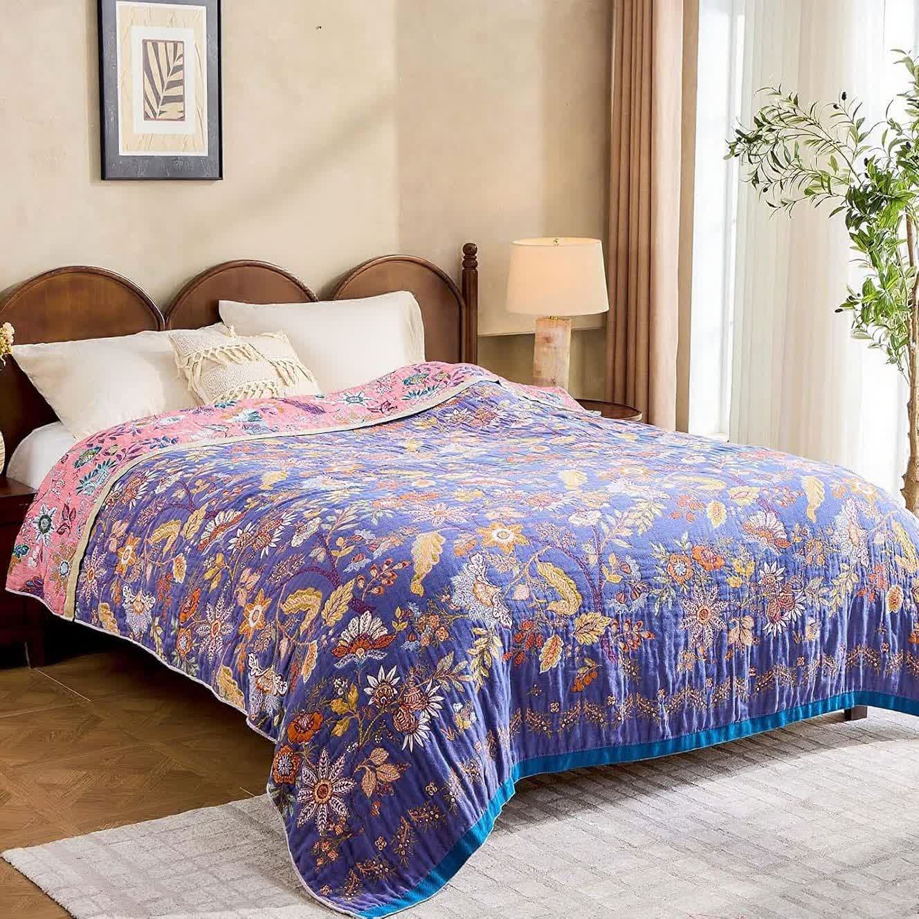 Purple Floral Muslin Cotton Gauze Quilt - King - image 1