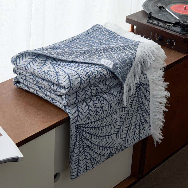 Tree-inspired Reversible Cotton Tassel Quilt - Dark Blue - Queen - image 4