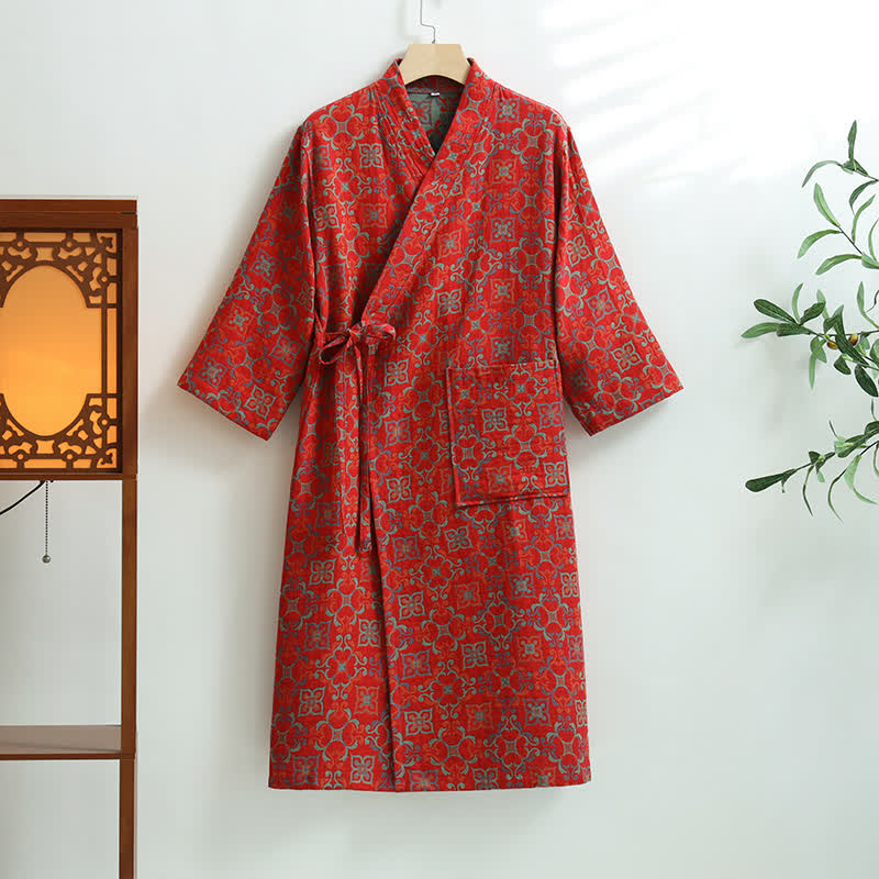 Vintage Floral Cotton Gauze Pocket Bathrobe - Red - XL - image 6