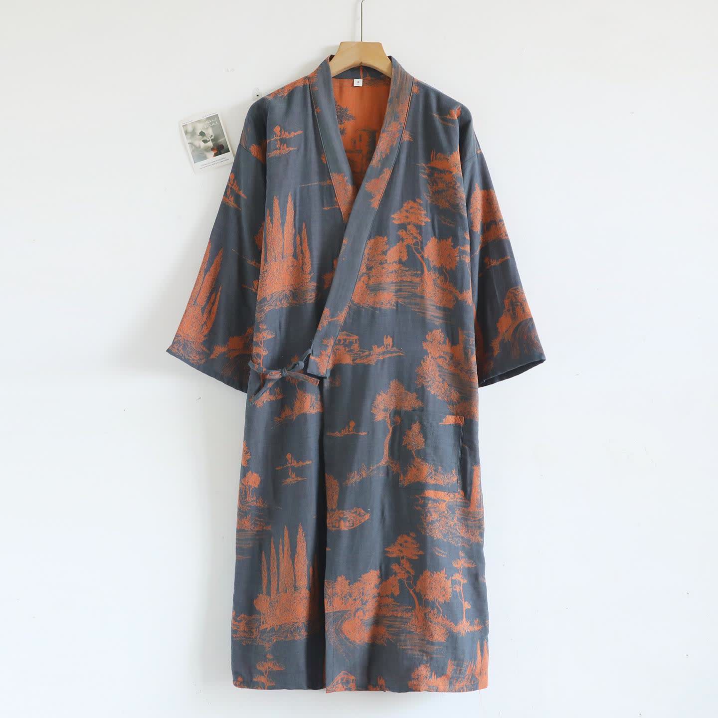 Unisex Landscape Cotton Gauze Bathrobe - Gray Blue - XL - image 11