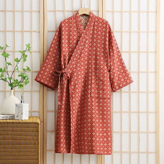 Unisex Geometric Pattern Cotton Pocket Bathrobe - Red - XL - image 1