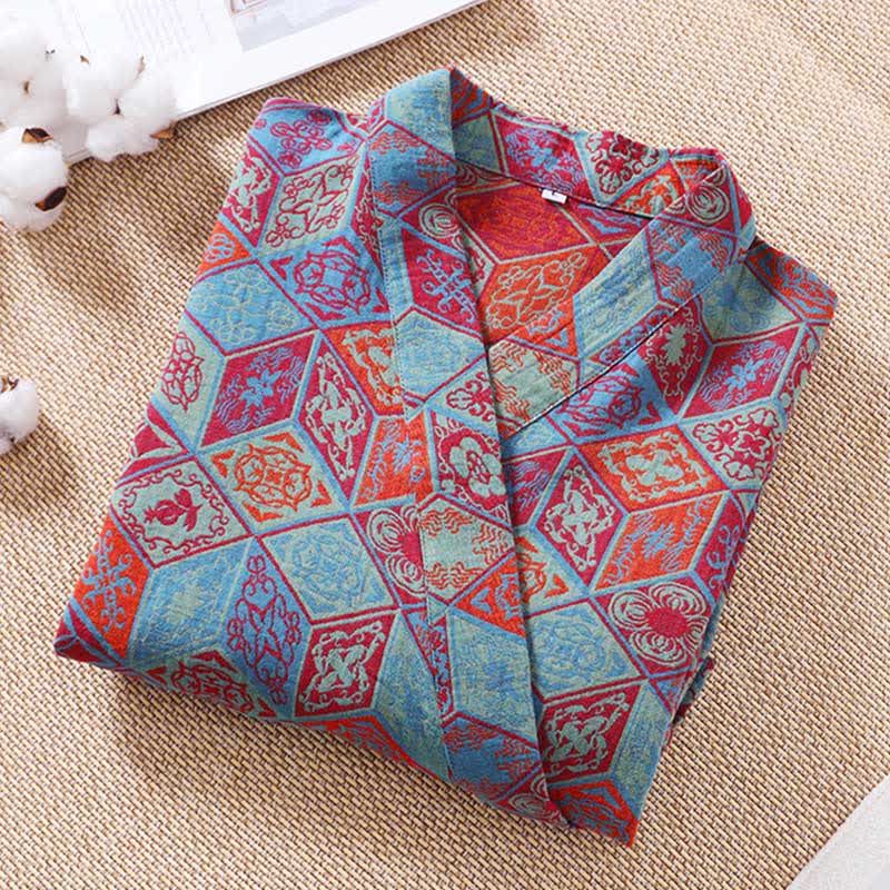 Retro Geometric Diamond Cotton Gauze Bathrobe - image 2