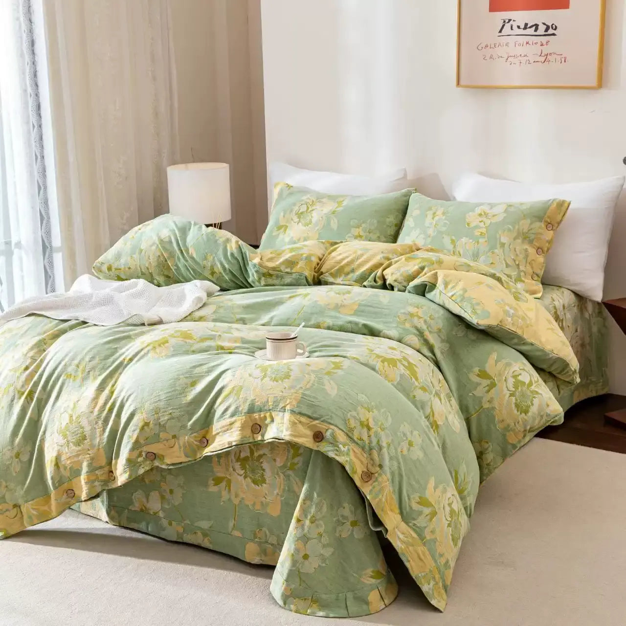 Reversible Floral Cotton Gauze Button Bedding Set (4PCS) - image 2