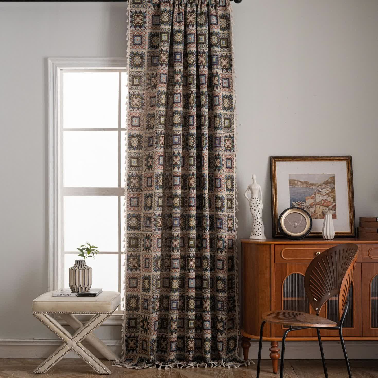 Retro Geometric Square Jacquard Curtain - image 2
