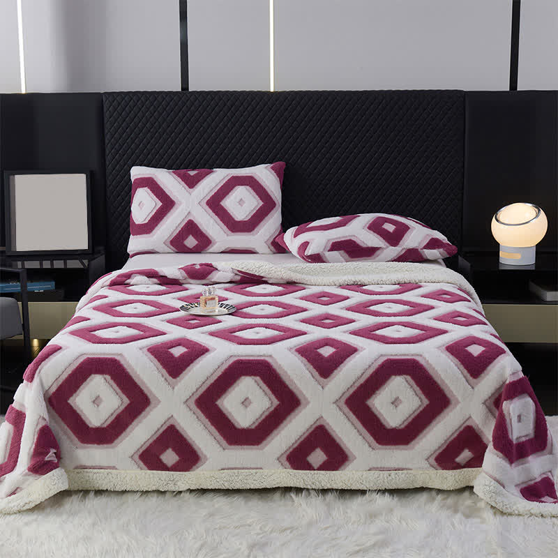 Geometric Pattern Jacquard Sherpa Blanket - Purple - Queen - image 12