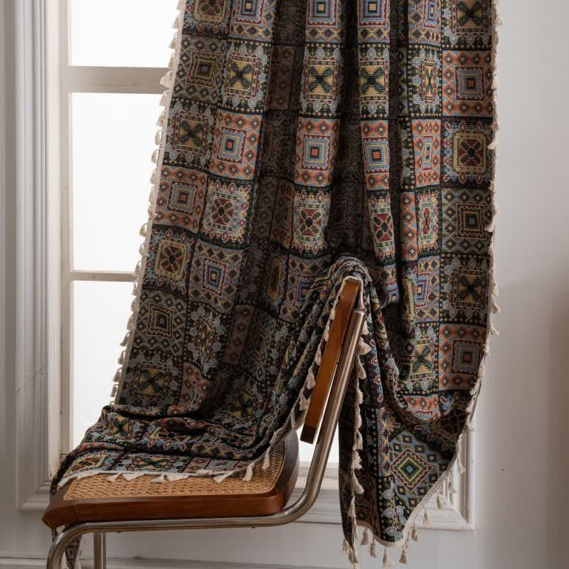 Retro Geometric Square Jacquard Curtain - image 11