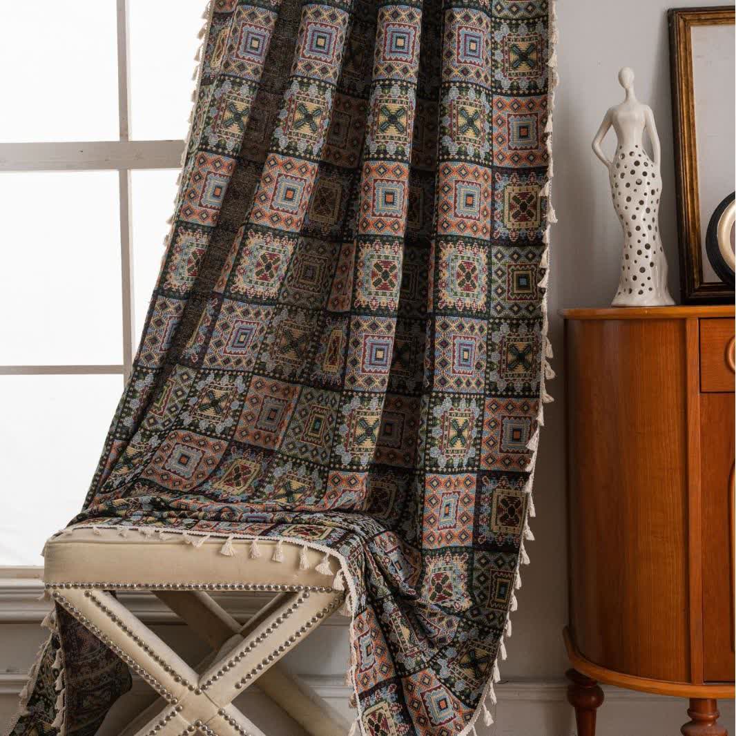 Retro Geometric Square Jacquard Curtain - image 10