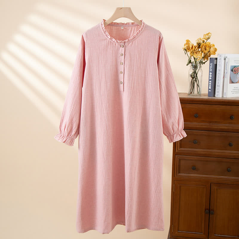 Simple Ruffled Cotton Linen Button Nightgown - Pink - XL - image 3