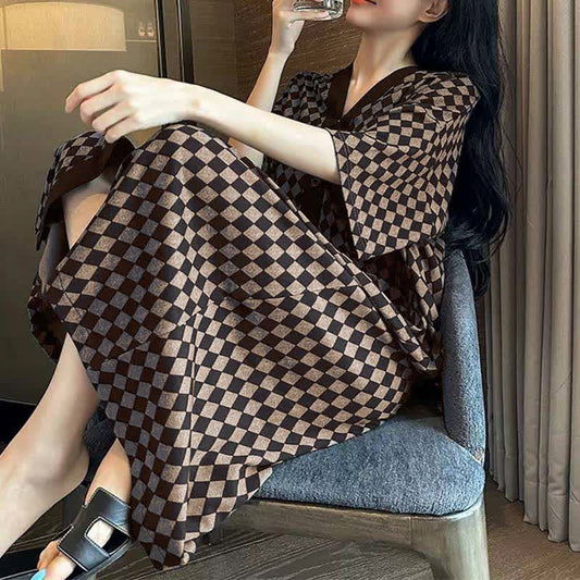 V-neck Plaid Modal Loose Buttoned Nightdress - Black - 1PC - 3XL - image 0