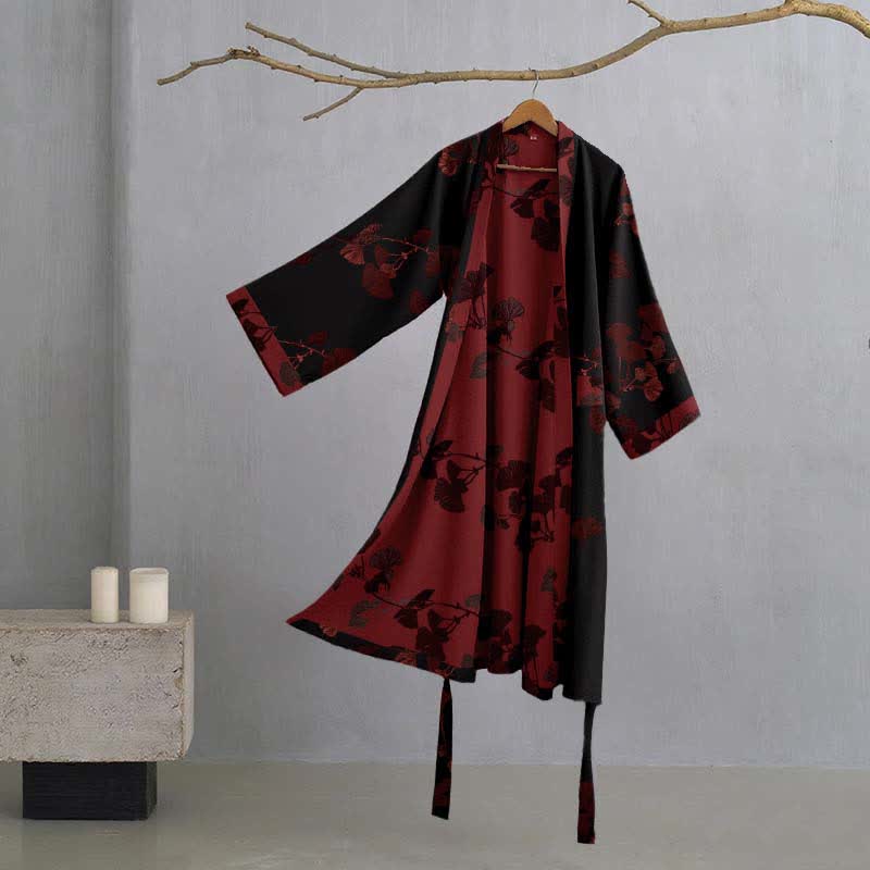 Grand peignoir kimono en coton avec feuilles de ginkgo - Noir et rouge - 2XL - image 13