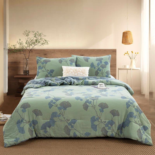 Ginkgo Leaf Cotton Gauze Reversible Bedding  - Quilt with 2pcs Pillowcases - Green - King - image 0