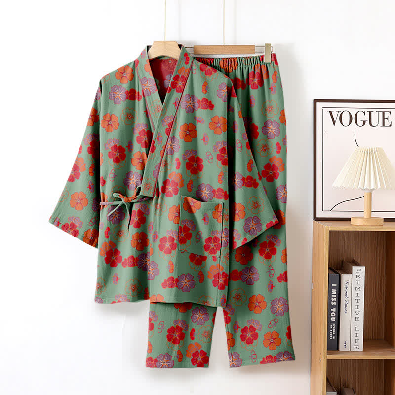 Plum Blossom Cotton Kimono Loungewear Set - Green - XL - image 4