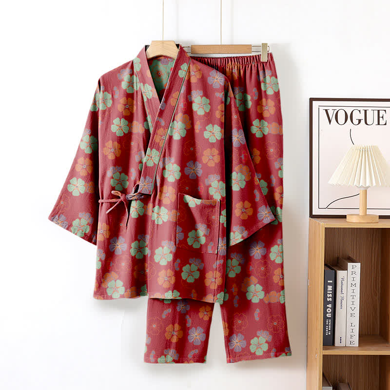Plum Blossom Cotton Kimono Loungewear Set - Red - XL - image 1