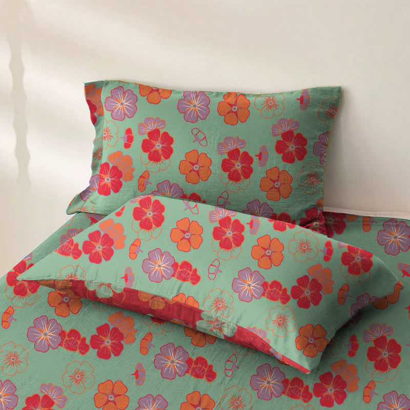 Plum Blossom Organic Cotton Sheet Bedspread - Green - 2PCS Pillowcases - 40" x 20" - image 2