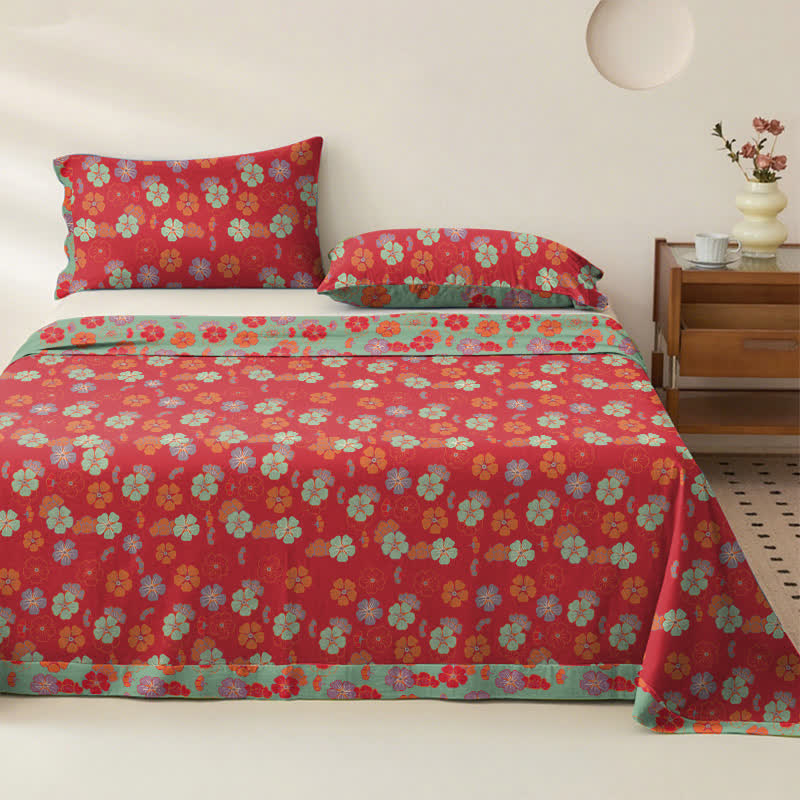 Plum Blossom Organic Cotton Sheet Bedspread - Red - Bedspread with 2PCS Pillowcases - King - image 4