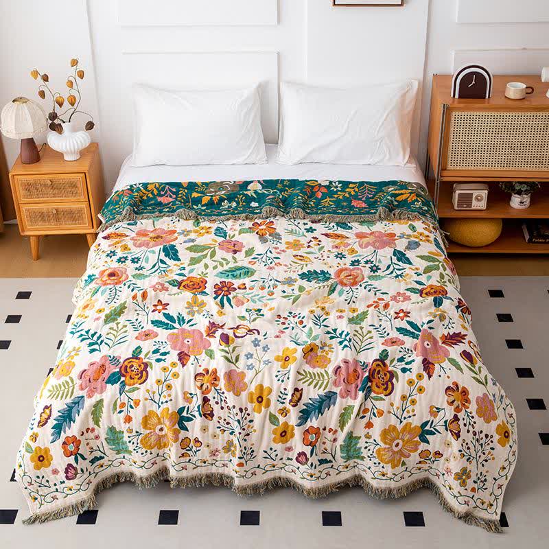 Colorful Flower Leaf Cotton Tassel Quilt - Queen - image 0