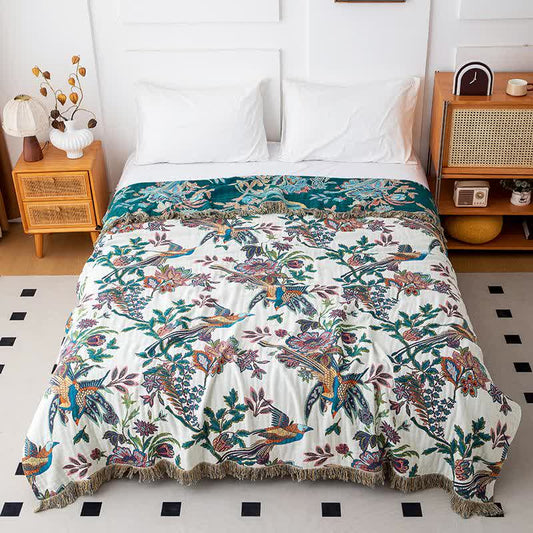 Flying Bird Cotton Gauze Tassel Quilt - White & Green - Queen - image 0