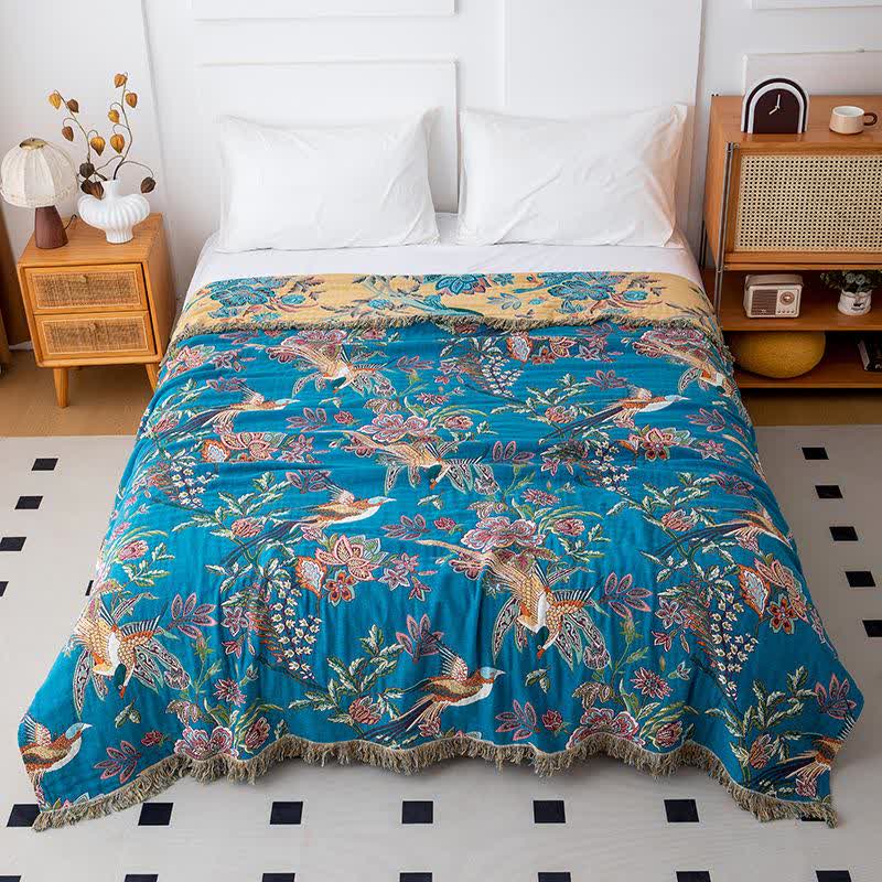 Flying Bird Cotton Gauze Tassel Quilt - Blue & Yellow - Queen - image 6