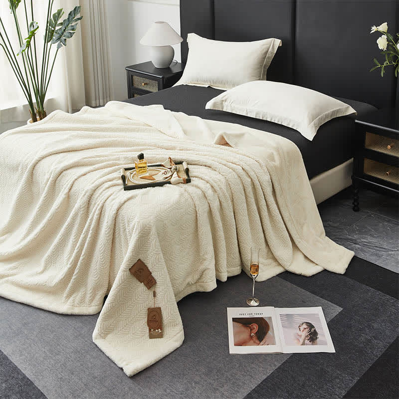 Leaf-inspired Textured Warm Throw Blanket - Beige - Queen - image 10