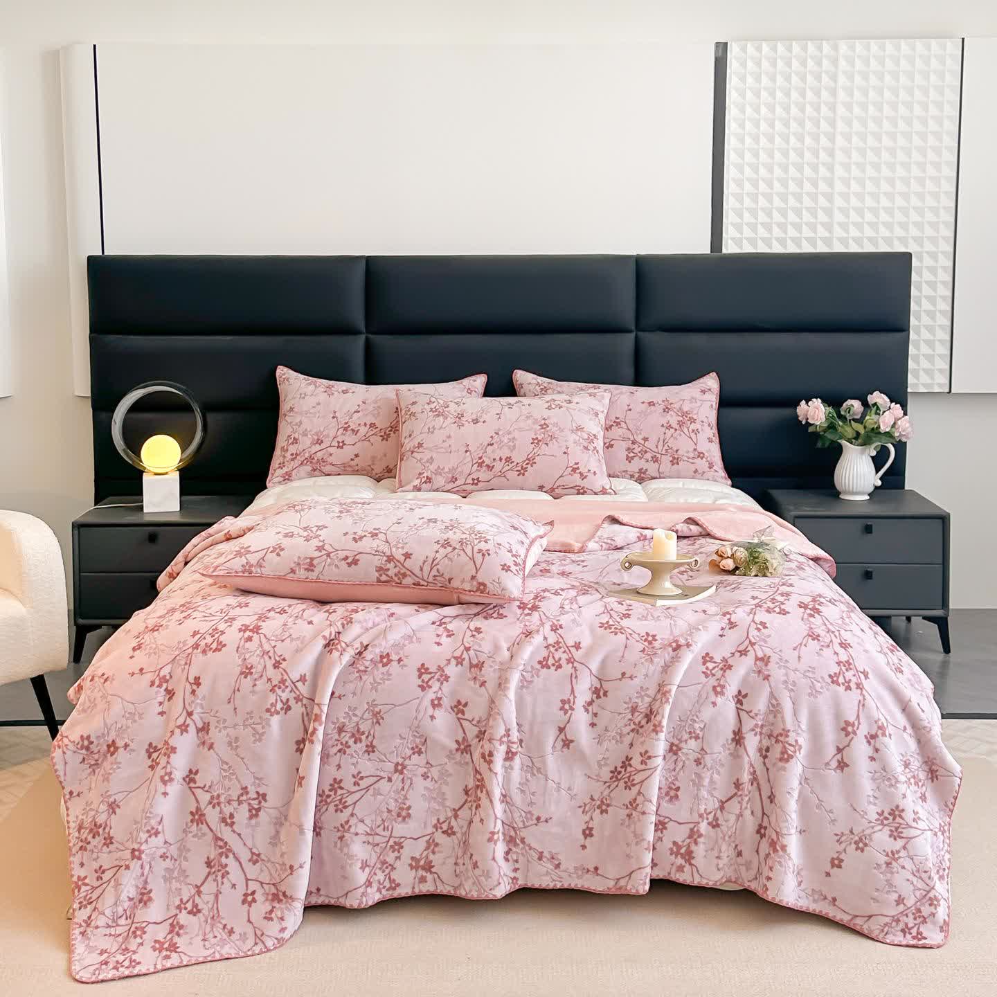 Branch Floral Jacquard Throw Blanket - 2pcs Pillowcases - Pink - 19" x 29" - image 0