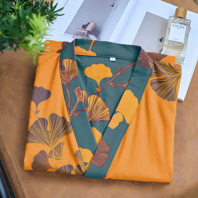 Grand peignoir kimono en coton avec feuilles de ginkgo - image 3