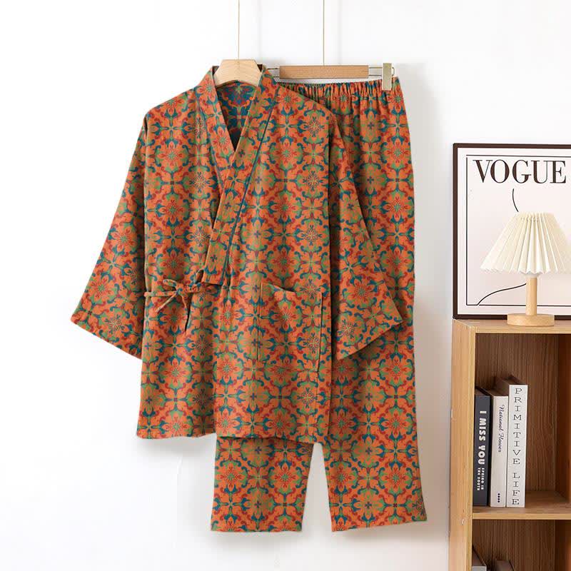 Geometric Pattern Cotton Kimono Loungewear Set - Orange - XL - image 5