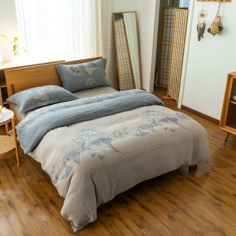 Ginkgo-inspired Cotton Gauze Bedding Set(4pcs) - Light Gray - King - image 23