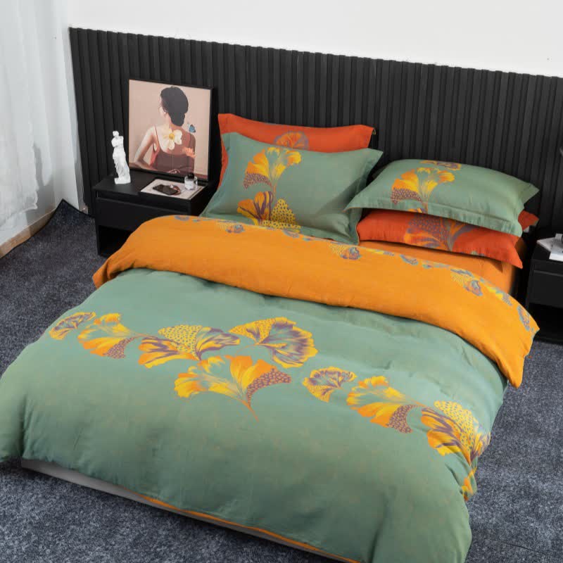 Ginkgo-inspired Cotton Gauze Bedding Set(4pcs) - Green & Yellow - King - image 18