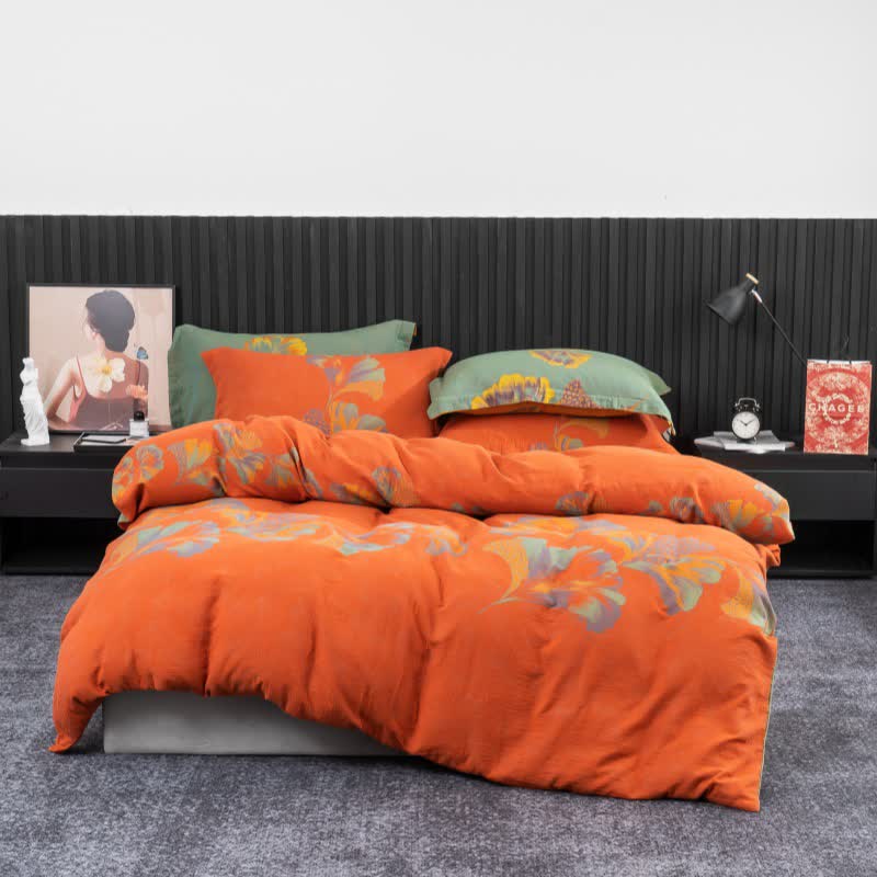Ginkgo-inspired Cotton Gauze Bedding Set(4pcs) - Bright Orange - King - image 19