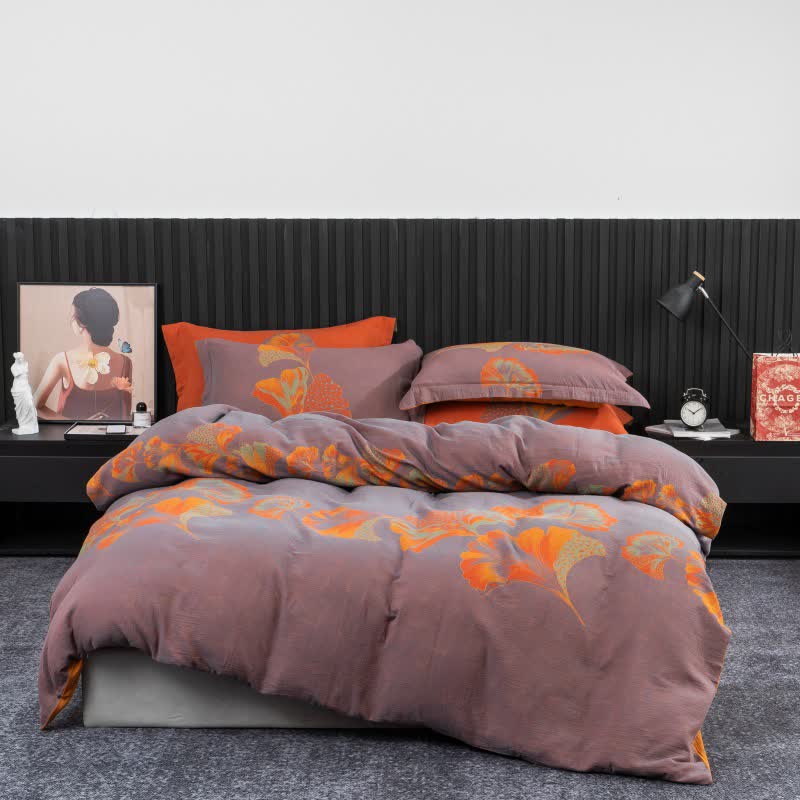 Ginkgo-inspired Cotton Gauze Bedding Set(4pcs) - Purple & Orange - King - image 17
