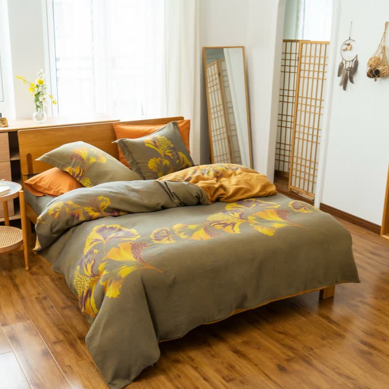 Ginkgo-inspired Cotton Gauze Bedding Set(4pcs) - Grey & Yellow - King - image 22