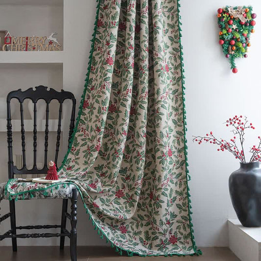 Christmas-inspired Holly Leaf Tassel Curtain - Rod Pocket - 59" x 102" - image 0
