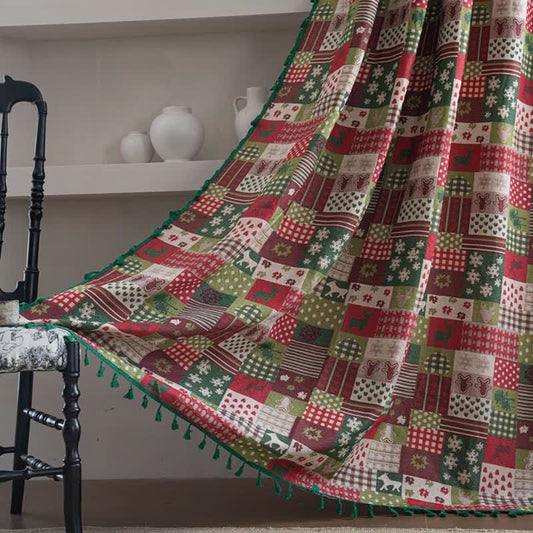 Patchwork Christmas-inspired Print Tassel Curtain - Rod Pocket - 59" x 102" - image 0