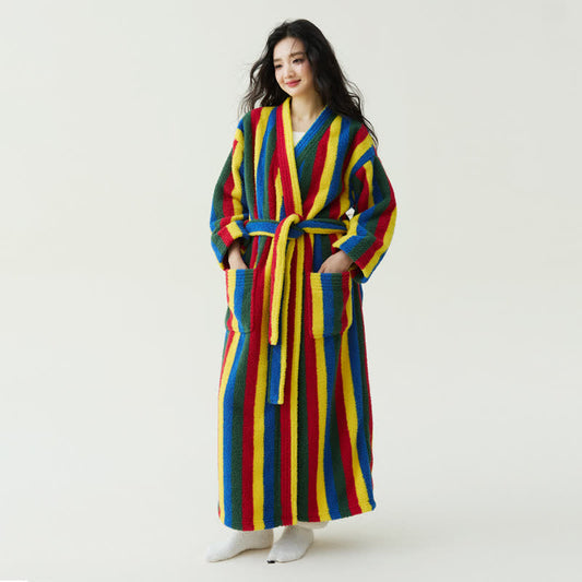 Contrast Stripe Plush Warm Robe - Multicolor - XL - image 0