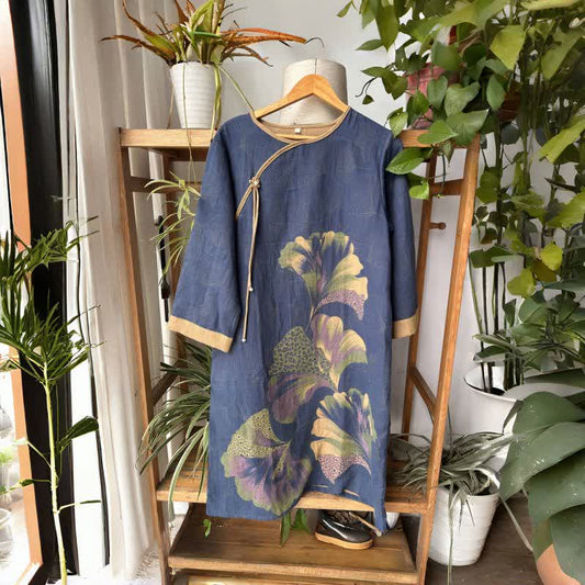 Ginkgo Leaf Inspired Cotton Gauze Nightdress - Blue - L - image 0