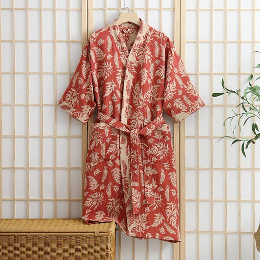 Leaf Cotton Gauze Kimono Yukata Robe - Orange Red - XL - image 0